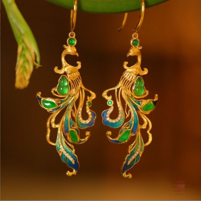 Naušnice s motivom feniksa, geometrijski oblik, filigranski emajl, legura, Shenzhen