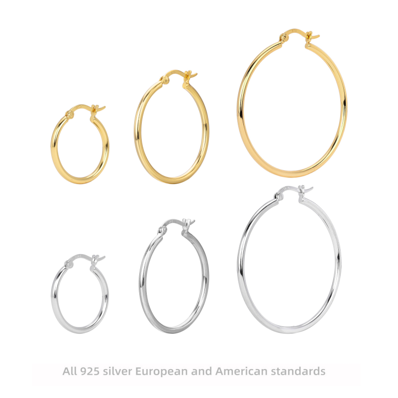 Cercei geometrici din argint 925, cerc tubular gol — ac de urechi din argint 925, placare electroplată