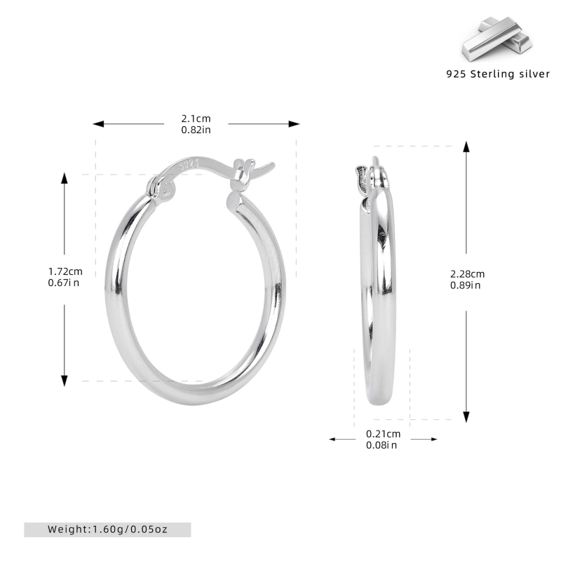 Cercei geometrici din argint 925, cerc tubular gol — ac de urechi din argint 925, placare electroplată