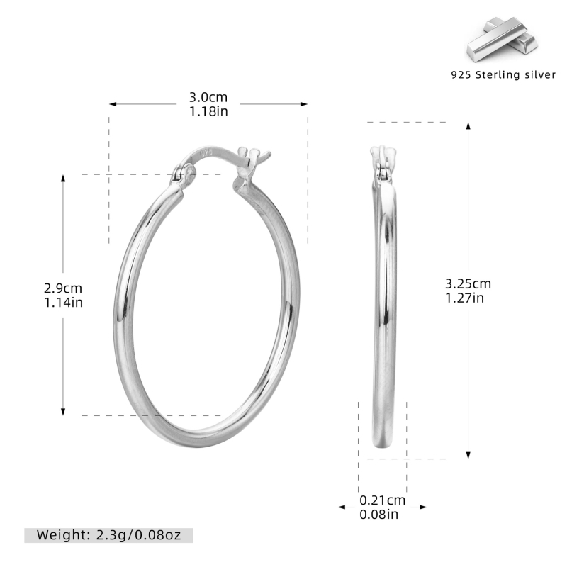 Cercei geometrici din argint 925, cerc tubular gol — ac de urechi din argint 925, placare electroplată