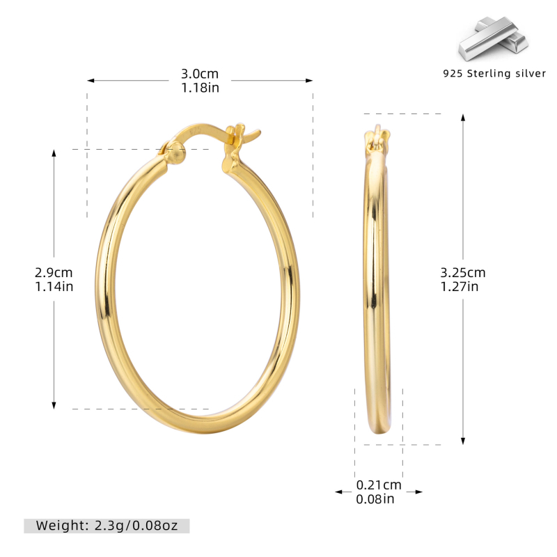Cercei geometrici din argint 925, cerc tubular gol — ac de urechi din argint 925, placare electroplată