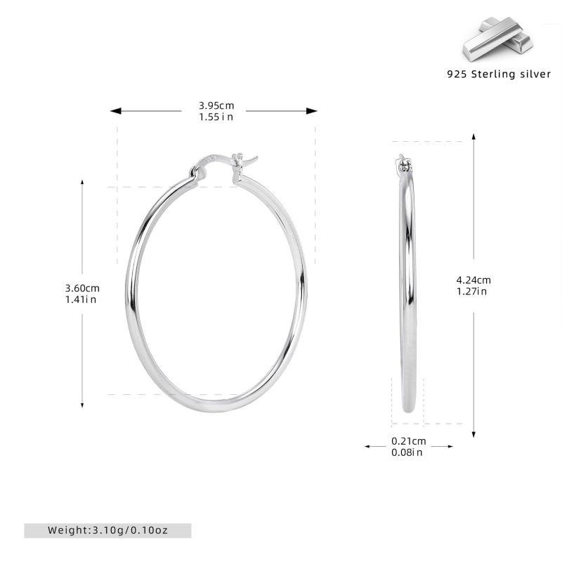 Cercei geometrici din argint 925, cerc tubular gol — ac de urechi din argint 925, placare electroplată