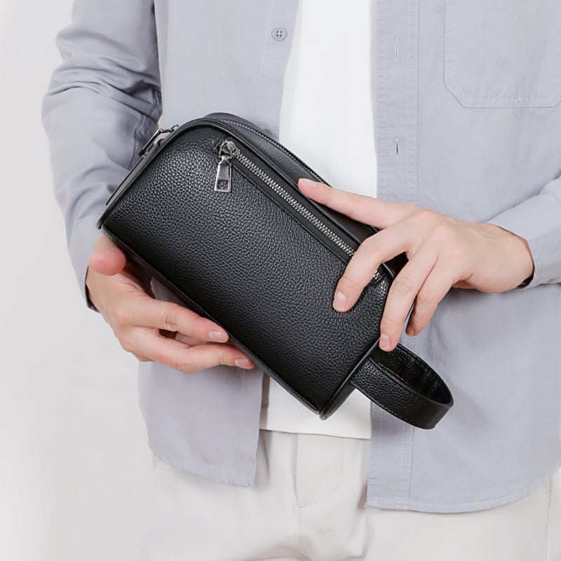 Férfi clutch ujjlenyomat-zárral, PU bőr, szemcsés textúra, érmetartó rekesz, lopás elleni védelem