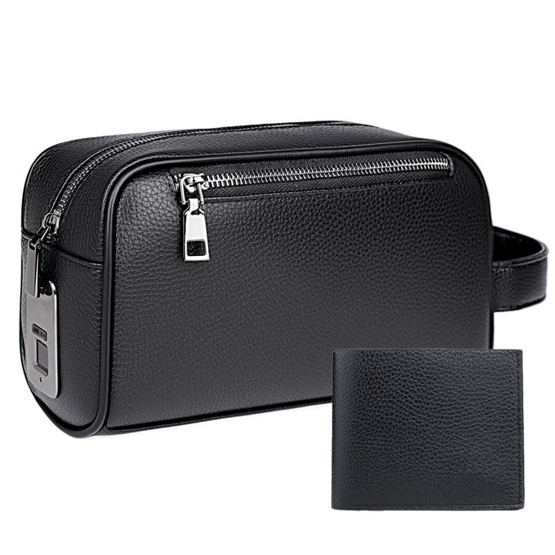 Férfi clutch ujjlenyomat-zárral, PU bőr, szemcsés textúra, érmetartó rekesz, lopás elleni védelem