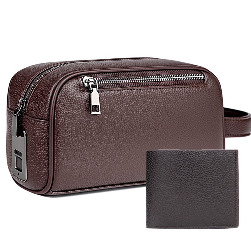 Férfi clutch ujjlenyomat-zárral, PU bőr, szemcsés textúra, érmetartó rekesz, lopás elleni védelem