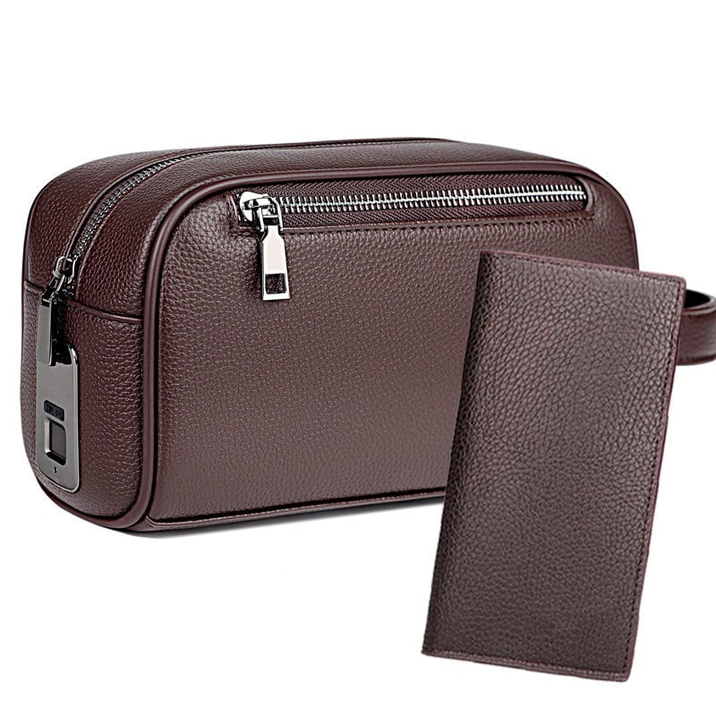 Férfi clutch ujjlenyomat-zárral, PU bőr, szemcsés textúra, érmetartó rekesz, lopás elleni védelem