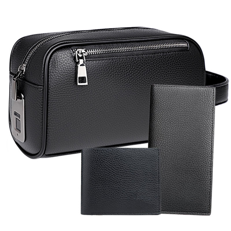 Férfi clutch ujjlenyomat-zárral, PU bőr, szemcsés textúra, érmetartó rekesz, lopás elleni védelem