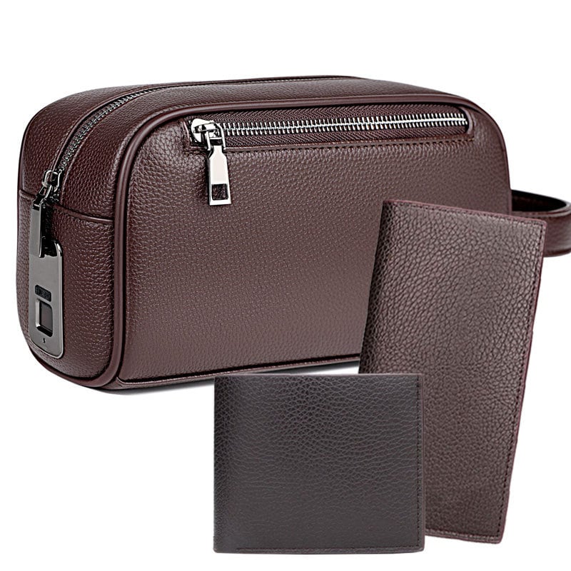 Férfi clutch ujjlenyomat-zárral, PU bőr, szemcsés textúra, érmetartó rekesz, lopás elleni védelem