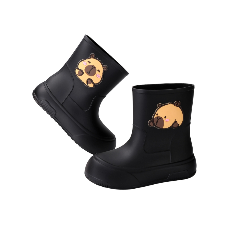 Moteriški PVC lietaus batai, vidutinio ilgio, storesnė padas, karikatūrų raštas, žemas kulnas