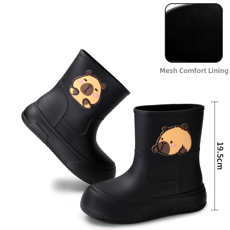 Moteriški PVC lietaus batai, vidutinio ilgio, storesnė padas, karikatūrų raštas, žemas kulnas