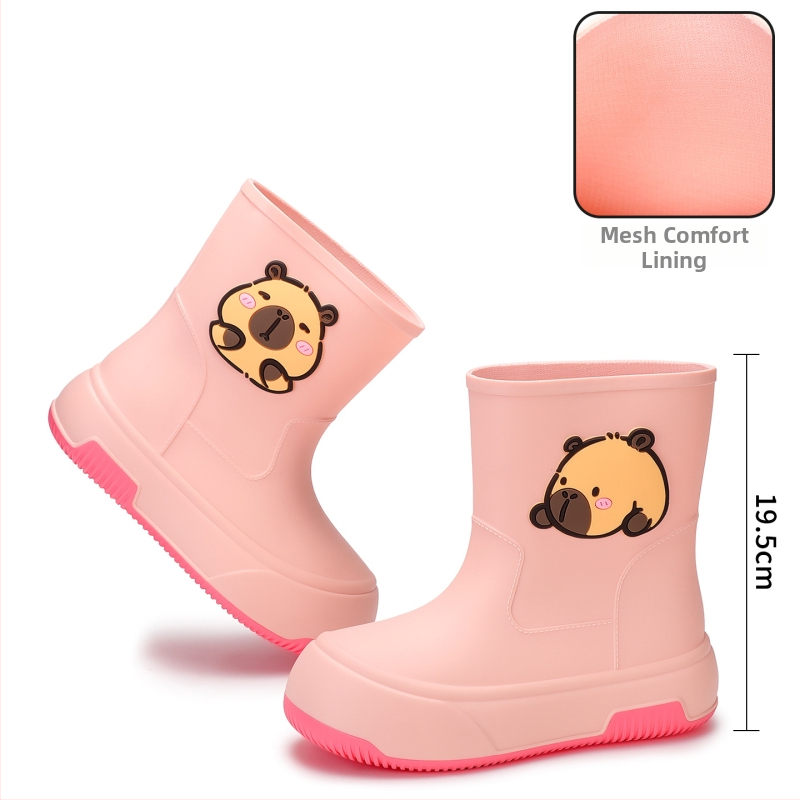 Moteriški PVC lietaus batai, vidutinio ilgio, storesnė padas, karikatūrų raštas, žemas kulnas