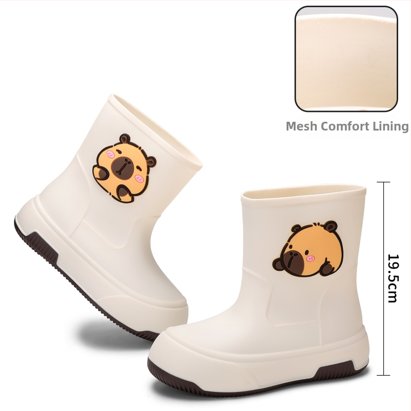 Moteriški PVC lietaus batai, vidutinio ilgio, storesnė padas, karikatūrų raštas, žemas kulnas