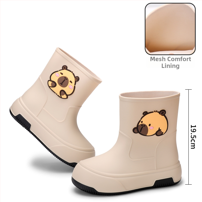 Moteriški PVC lietaus batai, vidutinio ilgio, storesnė padas, karikatūrų raštas, žemas kulnas