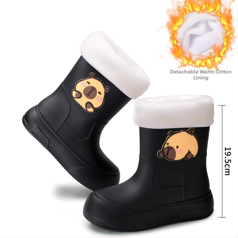 Moteriški PVC lietaus batai, vidutinio ilgio, storesnė padas, karikatūrų raštas, žemas kulnas