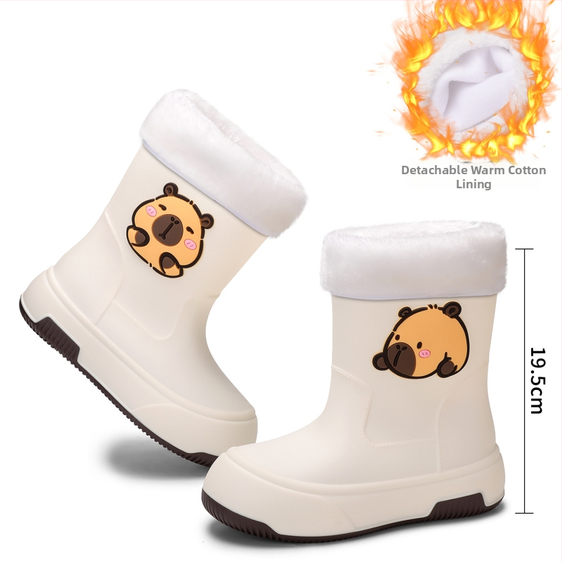 Moteriški PVC lietaus batai, vidutinio ilgio, storesnė padas, karikatūrų raštas, žemas kulnas