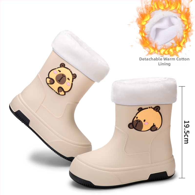 Moteriški PVC lietaus batai, vidutinio ilgio, storesnė padas, karikatūrų raštas, žemas kulnas