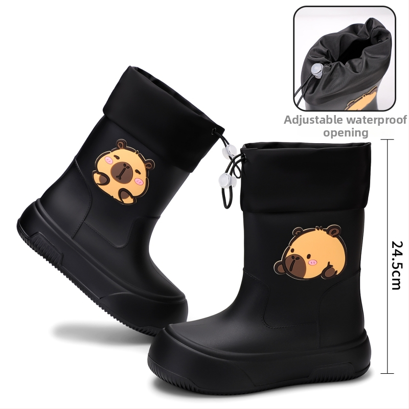 Moteriški PVC lietaus batai, vidutinio ilgio, storesnė padas, karikatūrų raštas, žemas kulnas