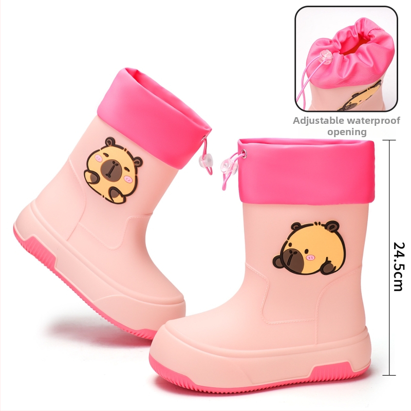 Moteriški PVC lietaus batai, vidutinio ilgio, storesnė padas, karikatūrų raštas, žemas kulnas