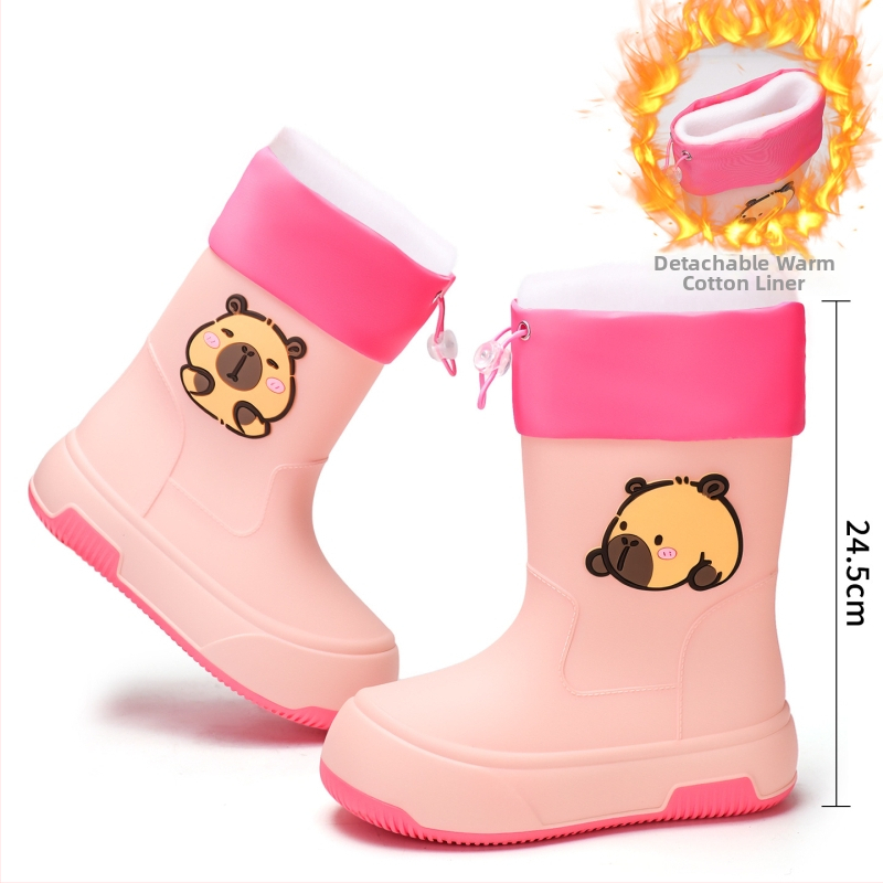 Moteriški PVC lietaus batai, vidutinio ilgio, storesnė padas, karikatūrų raštas, žemas kulnas