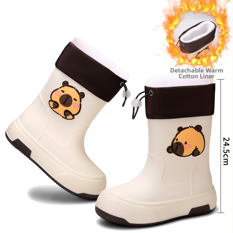 Moteriški PVC lietaus batai, vidutinio ilgio, storesnė padas, karikatūrų raštas, žemas kulnas