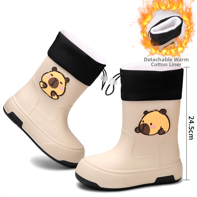 Moteriški PVC lietaus batai, vidutinio ilgio, storesnė padas, karikatūrų raštas, žemas kulnas