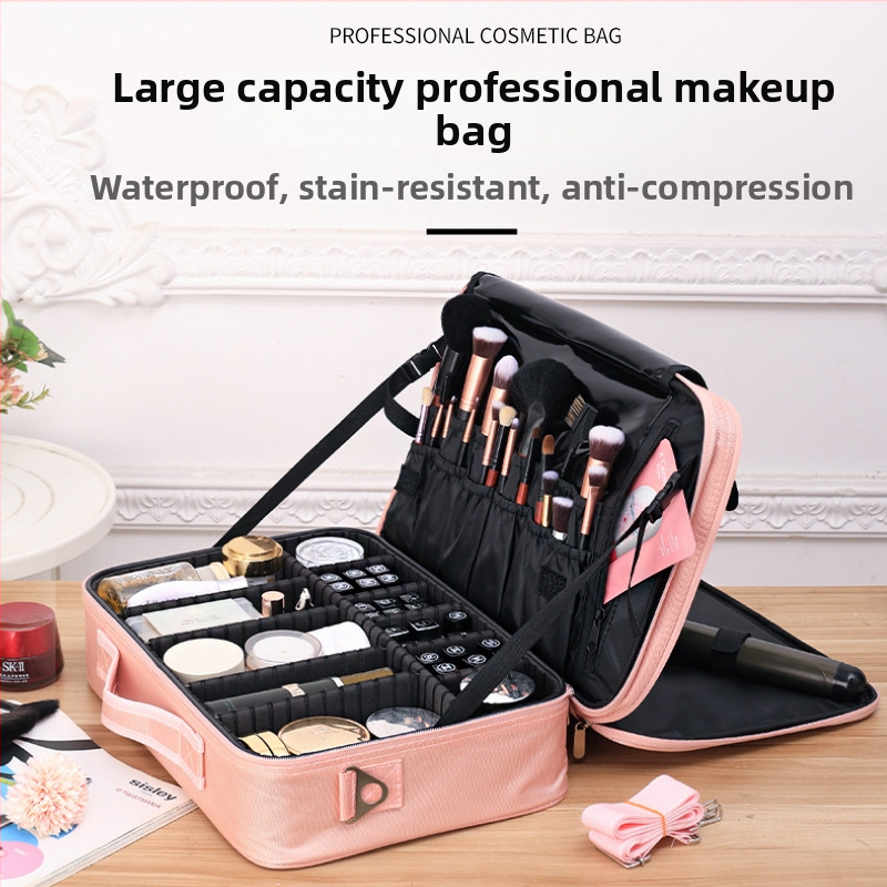 Козметична чанта за пътуване с висок капацитет, от Oxford плат, подплата полиестер, презрамка за рамо, кубична форма