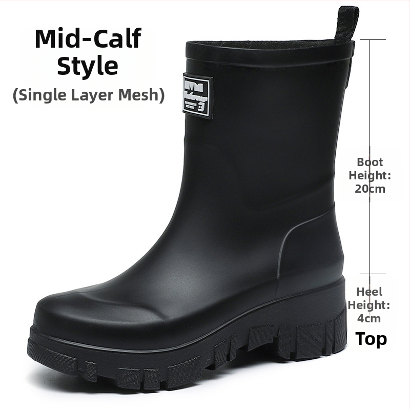 Moterų PVC lietaus batai, vidutinio aukščio, žemas kulnas 1-3 cm, slip-on uždarymas