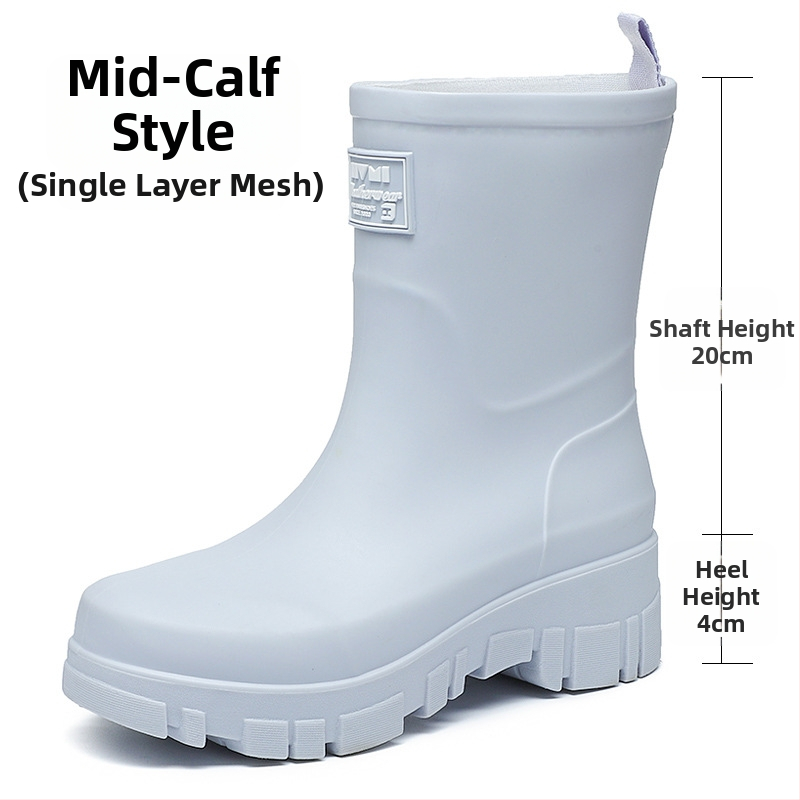 Moterų PVC lietaus batai, vidutinio aukščio, žemas kulnas 1-3 cm, slip-on uždarymas