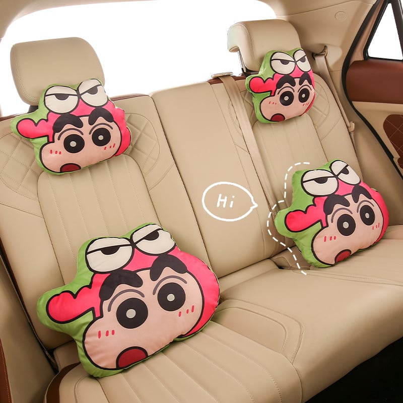 Set de perne pentru cap și lombară pentru mașină cu pernă de gât – stil desen animat, universal pentru toate anotimpurile, exterior pluș artificial, umplutură fibră sintetică