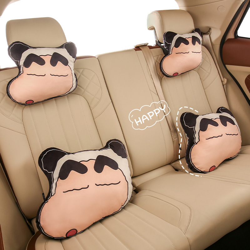 Set de perne pentru cap și lombară pentru mașină cu pernă de gât – stil desen animat, universal pentru toate anotimpurile, exterior pluș artificial, umplutură fibră sintetică