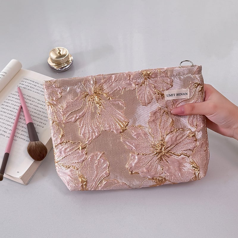 Чанта за козметика - преносима (Памучно-ленена материя; Флорална бродерия; Подплата от платно; За ежедневна употреба)