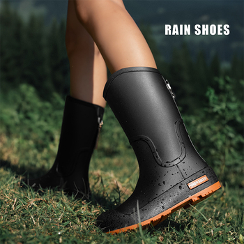 Moteriški lietaus batai su PVC viršutine dalimi, vidutinio aukščio kojos, plokščias kulnas, keturių sezonų naudojimui