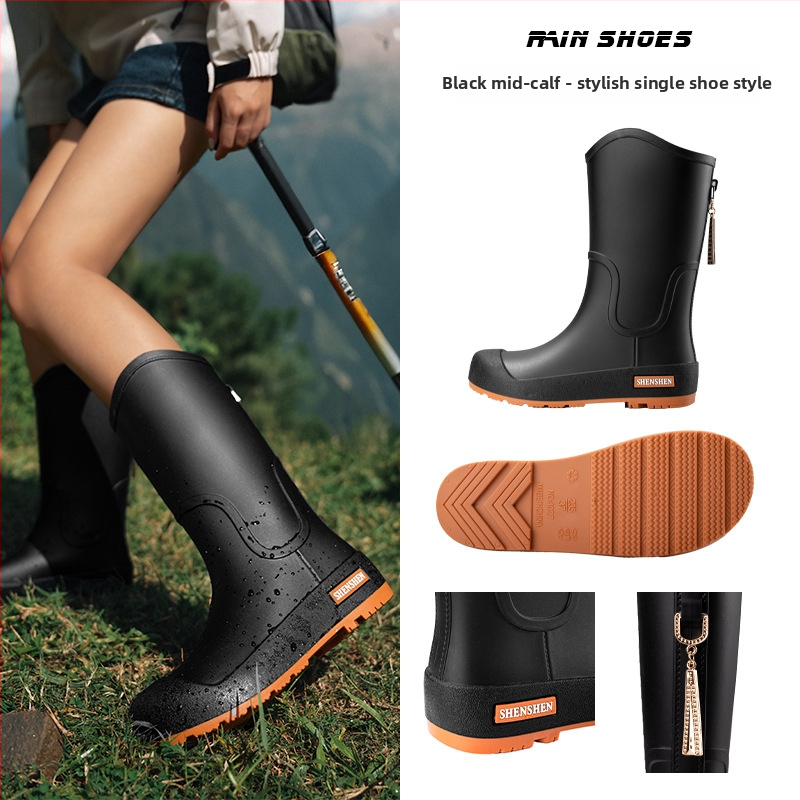 Moteriški lietaus batai su PVC viršutine dalimi, vidutinio aukščio kojos, plokščias kulnas, keturių sezonų naudojimui