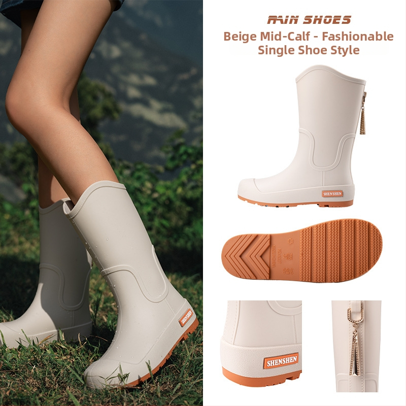 Moteriški lietaus batai su PVC viršutine dalimi, vidutinio aukščio kojos, plokščias kulnas, keturių sezonų naudojimui