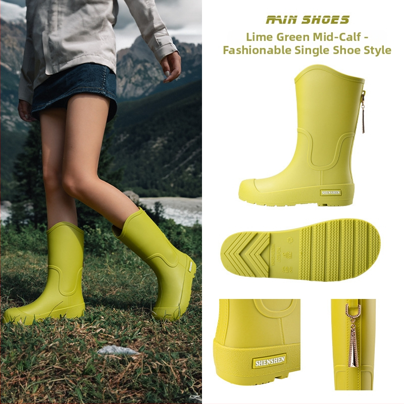 Moteriški lietaus batai su PVC viršutine dalimi, vidutinio aukščio kojos, plokščias kulnas, keturių sezonų naudojimui
