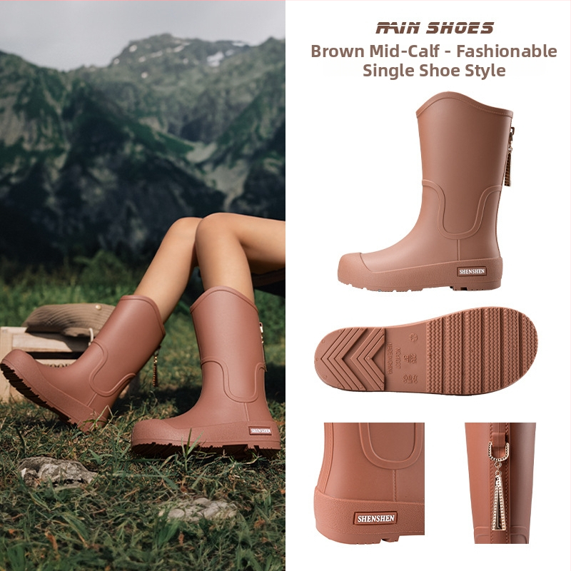 Moteriški lietaus batai su PVC viršutine dalimi, vidutinio aukščio kojos, plokščias kulnas, keturių sezonų naudojimui