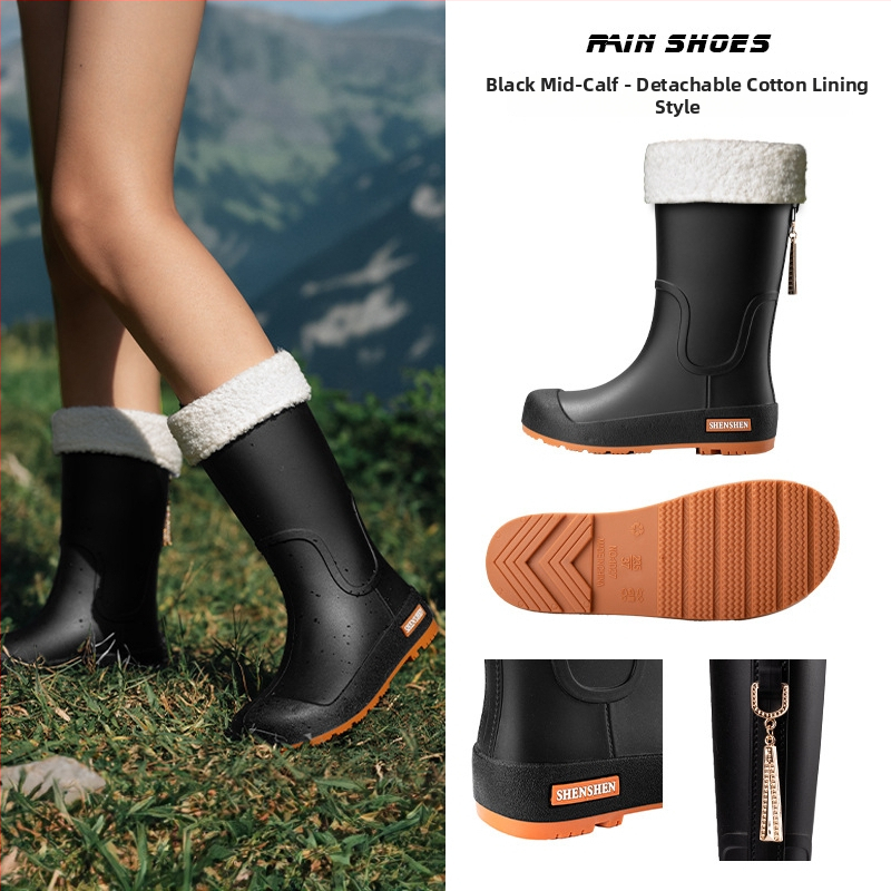 Moteriški lietaus batai su PVC viršutine dalimi, vidutinio aukščio kojos, plokščias kulnas, keturių sezonų naudojimui