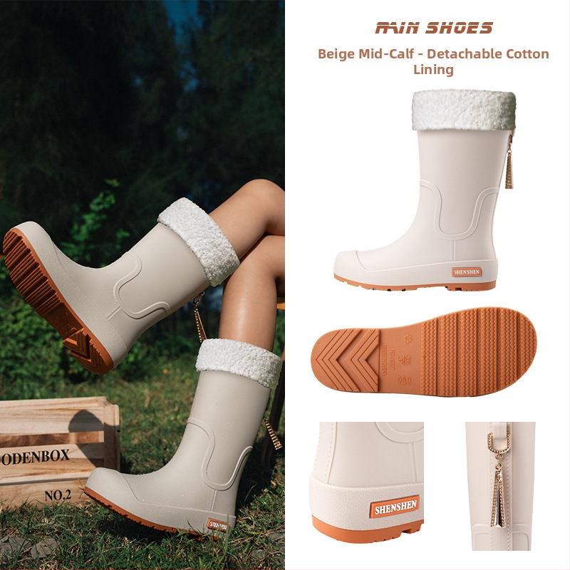Moteriški lietaus batai su PVC viršutine dalimi, vidutinio aukščio kojos, plokščias kulnas, keturių sezonų naudojimui