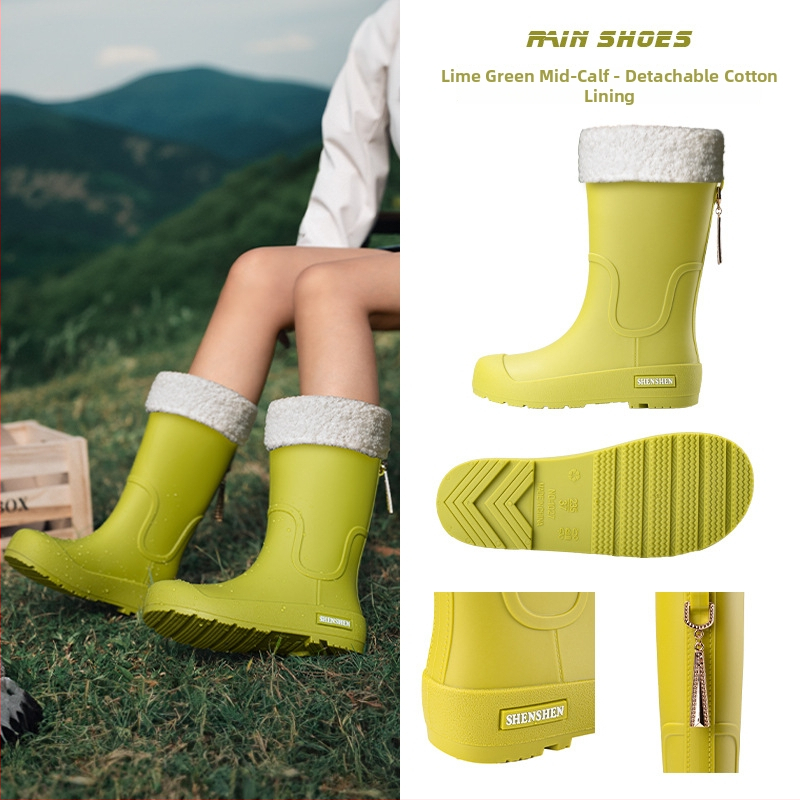 Moteriški lietaus batai su PVC viršutine dalimi, vidutinio aukščio kojos, plokščias kulnas, keturių sezonų naudojimui