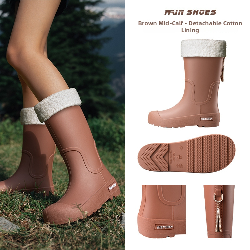 Moteriški lietaus batai su PVC viršutine dalimi, vidutinio aukščio kojos, plokščias kulnas, keturių sezonų naudojimui