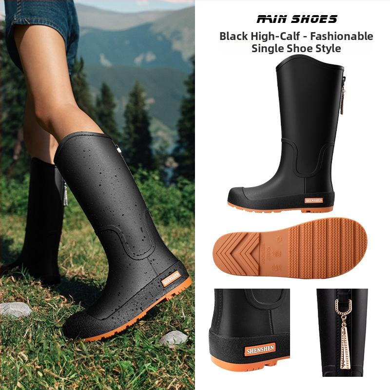 Moteriški lietaus batai su PVC viršutine dalimi, vidutinio aukščio kojos, plokščias kulnas, keturių sezonų naudojimui