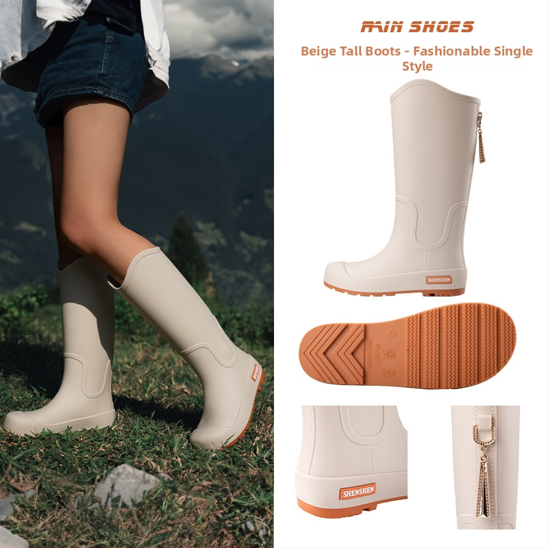 Moteriški lietaus batai su PVC viršutine dalimi, vidutinio aukščio kojos, plokščias kulnas, keturių sezonų naudojimui