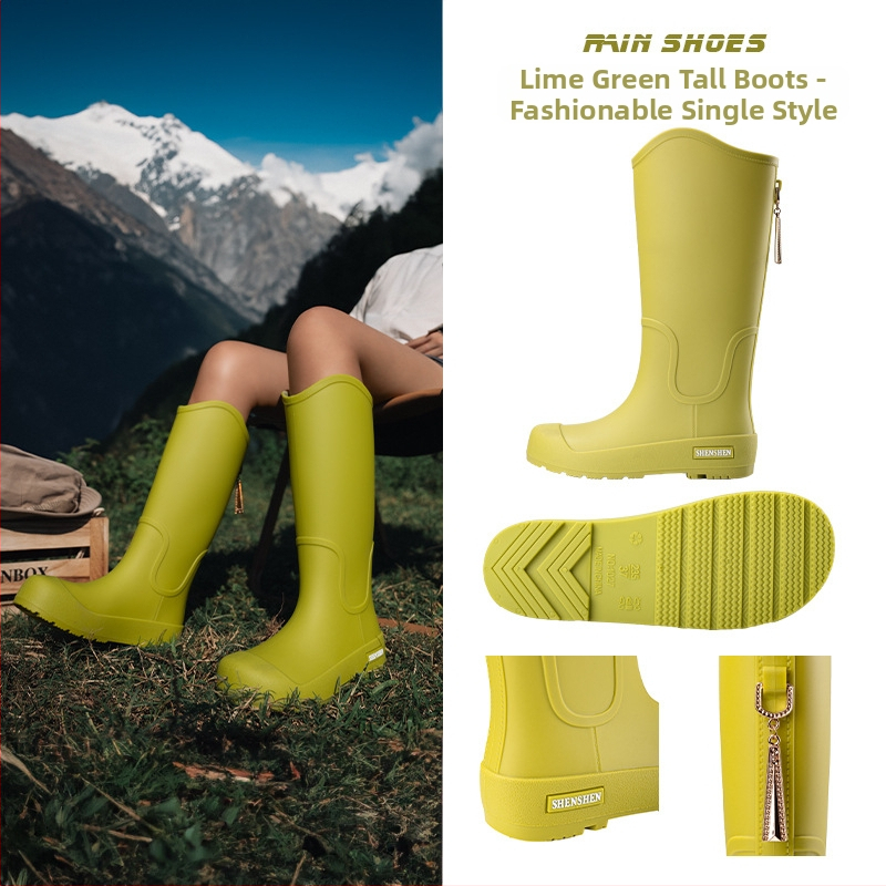 Moteriški lietaus batai su PVC viršutine dalimi, vidutinio aukščio kojos, plokščias kulnas, keturių sezonų naudojimui