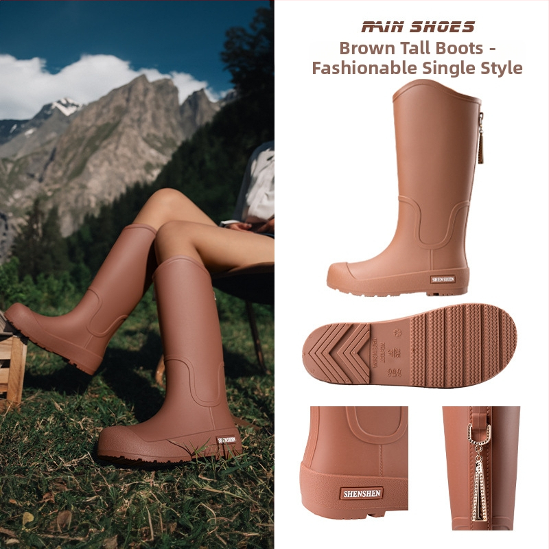 Moteriški lietaus batai su PVC viršutine dalimi, vidutinio aukščio kojos, plokščias kulnas, keturių sezonų naudojimui