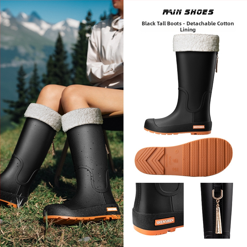 Moteriški lietaus batai su PVC viršutine dalimi, vidutinio aukščio kojos, plokščias kulnas, keturių sezonų naudojimui