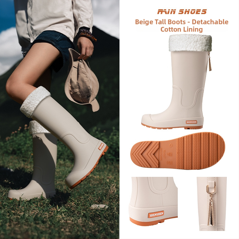 Moteriški lietaus batai su PVC viršutine dalimi, vidutinio aukščio kojos, plokščias kulnas, keturių sezonų naudojimui
