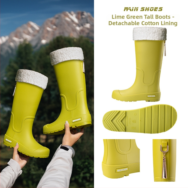 Moteriški lietaus batai su PVC viršutine dalimi, vidutinio aukščio kojos, plokščias kulnas, keturių sezonų naudojimui