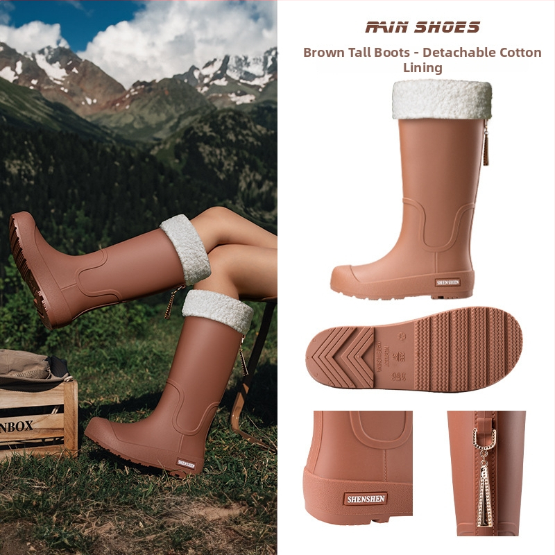 Moteriški lietaus batai su PVC viršutine dalimi, vidutinio aukščio kojos, plokščias kulnas, keturių sezonų naudojimui