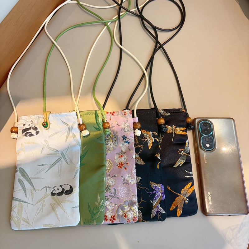 Torbica za mobitel od brokata u književnom kineskom stilu, crossbody remen, vertikalni dizajn
