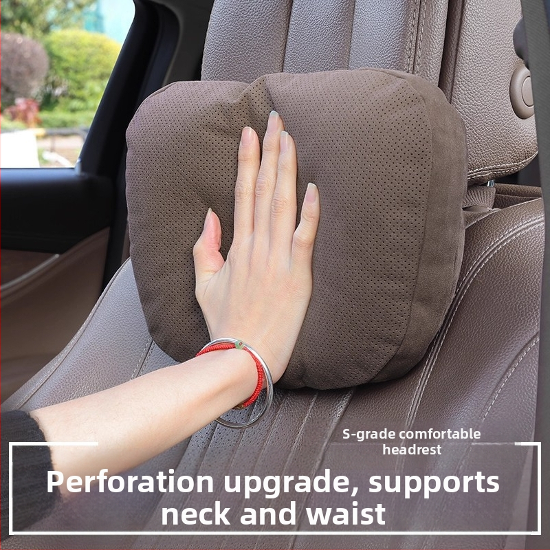 Automobiļu galvas balsts un jostas spilvens — velūra materiāls, dabisko šķiedru pildījums, universāla automašīnu saderība, pielāgojams, vissezonu lietošanai